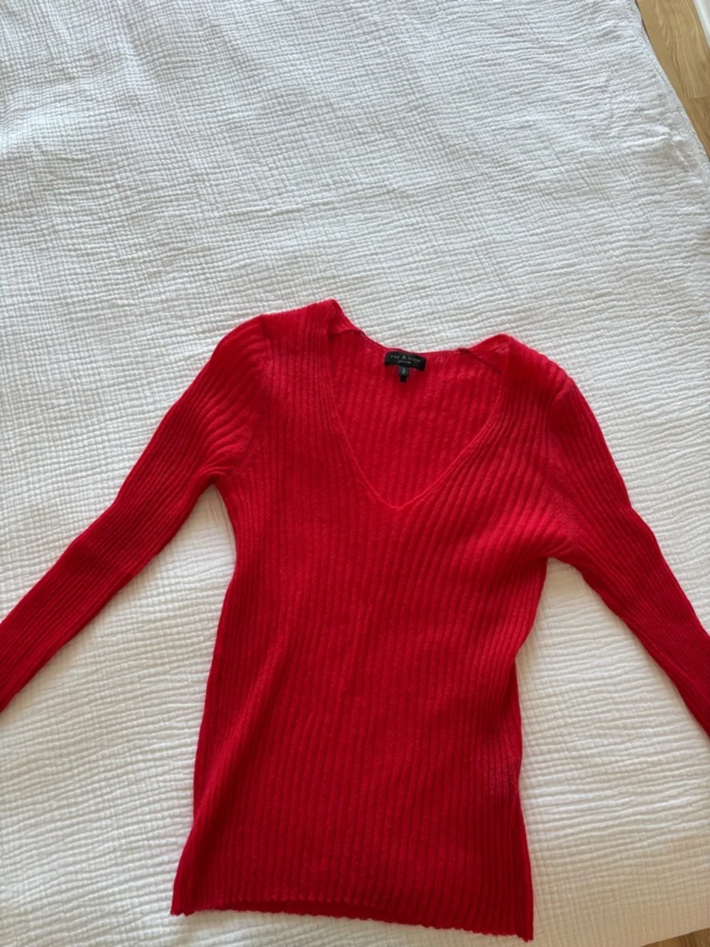 rag & bone Red Ribbed V-Neck Sweater - Picture 1 of 3